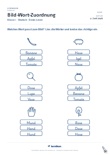 Beispiel: Bild-Wort-Zuordnung Arbeitsblatt