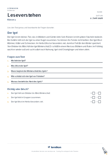 Beispiel: Leseverstehen Arbeitsblatt