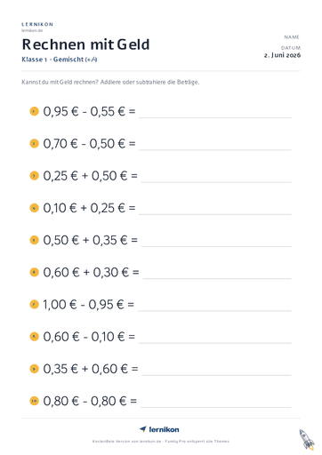 Beispiel: Rechnen mit Geld Arbeitsblatt