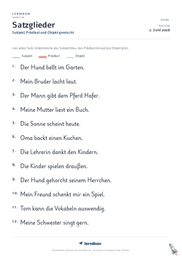 Beispiel: Satzglieder Arbeitsblatt