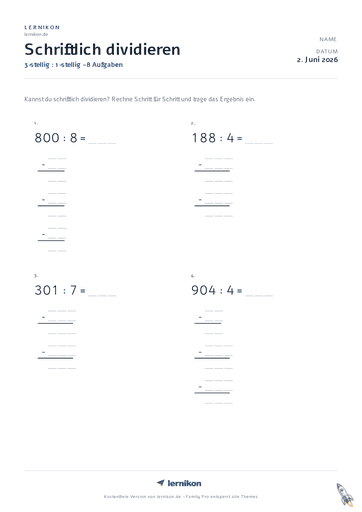 Beispiel: Schriftliche Division Arbeitsblatt