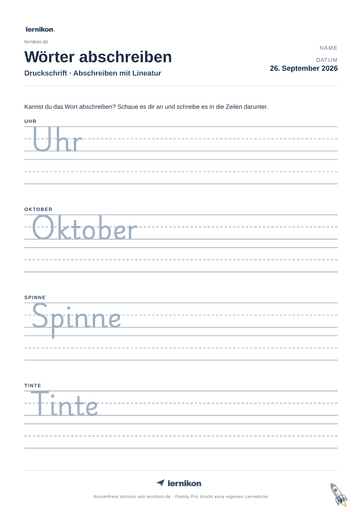 Beispiel: Wörter abschreiben Arbeitsblatt