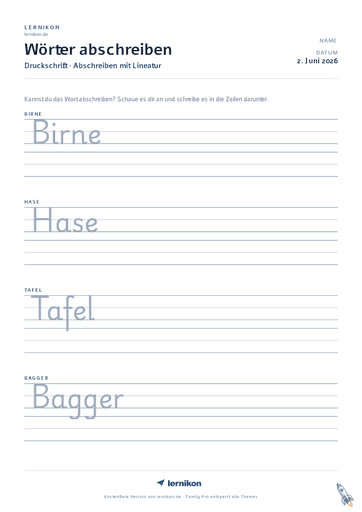 Beispiel: Wörter abschreiben Arbeitsblatt