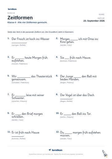 Beispiel: Zeitformen Arbeitsblatt